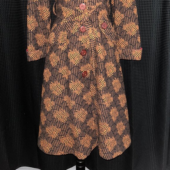 Vintage Mod 60's 70s Vibrant Upholstery Coat Black Orange Pockets Lined Belt EUC - Picture 2 of 11